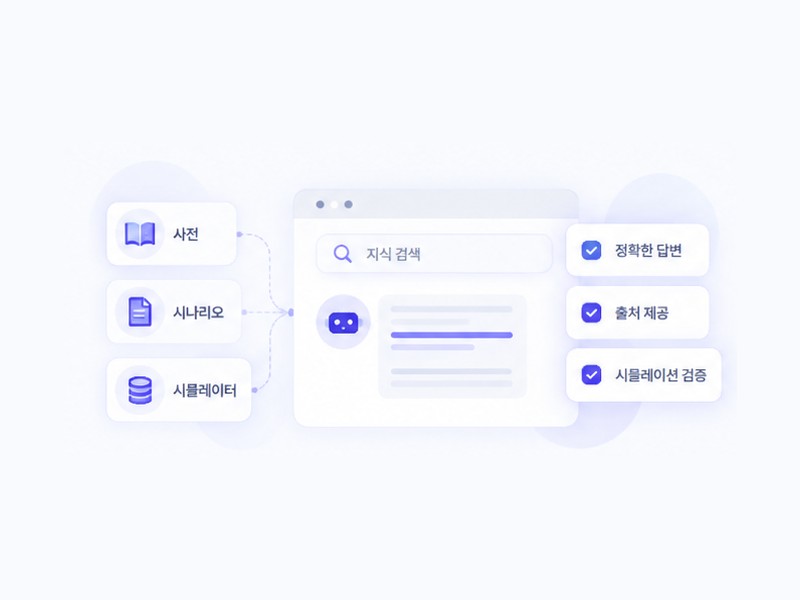 사전·시나리오·시뮬레이터로 지식을 관리하고 정확한 답변과 출처를 검증하는 화면